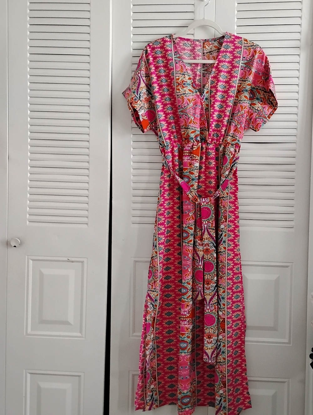 Spring Pink Printed Maxi Dress with Tie Waist
